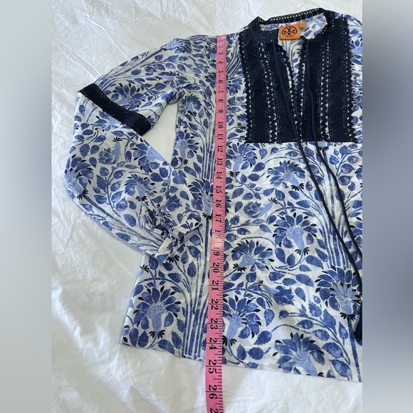 Tory Burch | Tunic Floral Blouse SZ 4 Blue Print Tie Tassel Front Cotton - Picture 4 of 11